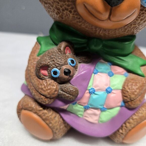 Pottery Teddy Bear With Baby Bear Figurine Nursery Baby Room Decor Vintage 80s - Picture 2 of 8